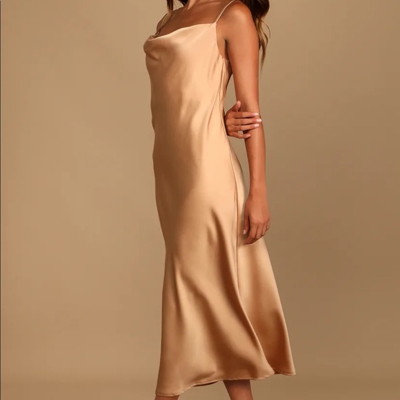 Lulus Saunter In Beige Cowl Neck Midi Slip Dress - Picture 2 of 10